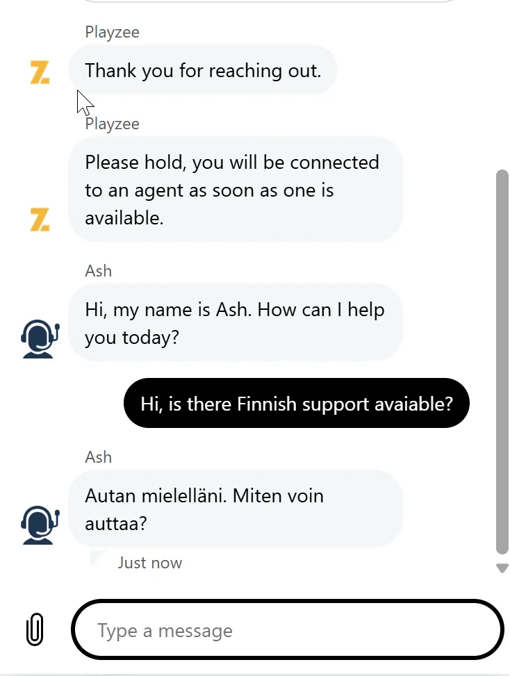 Playzee live chat suomeksi: asiakaspalvelija vastaa suomeksi kysymykseen suomalaisesta tuesta