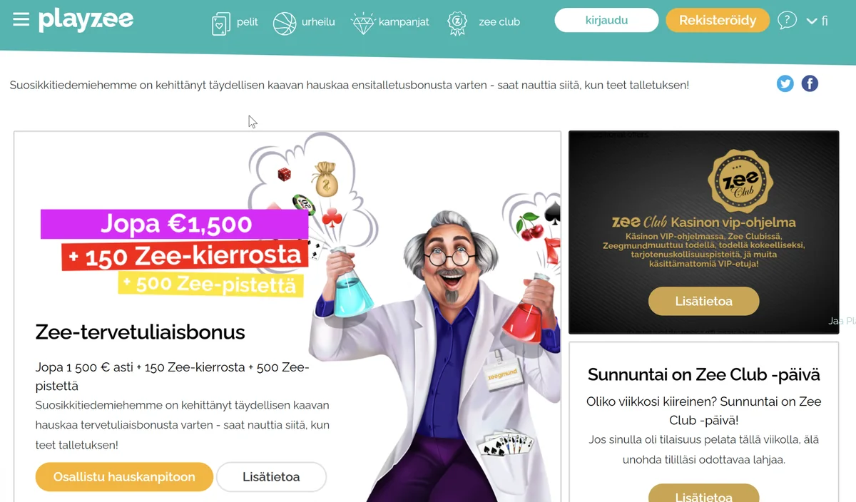 Playzee tervetuliaisbonus ja kampanjat: jopa 1500 euroa, 150 Zee-kierrosta ja Zee Club -tarjouksia