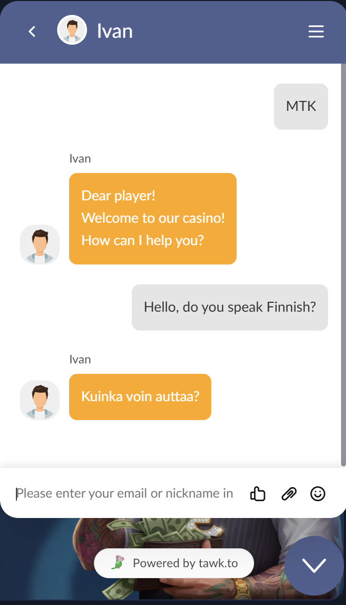 Gangsta Casino live-chat suomeksi Gangsta Casino live-chat, jossa asiakaspalvelija vastaa suomeksi kysymykseen tuen kielestä